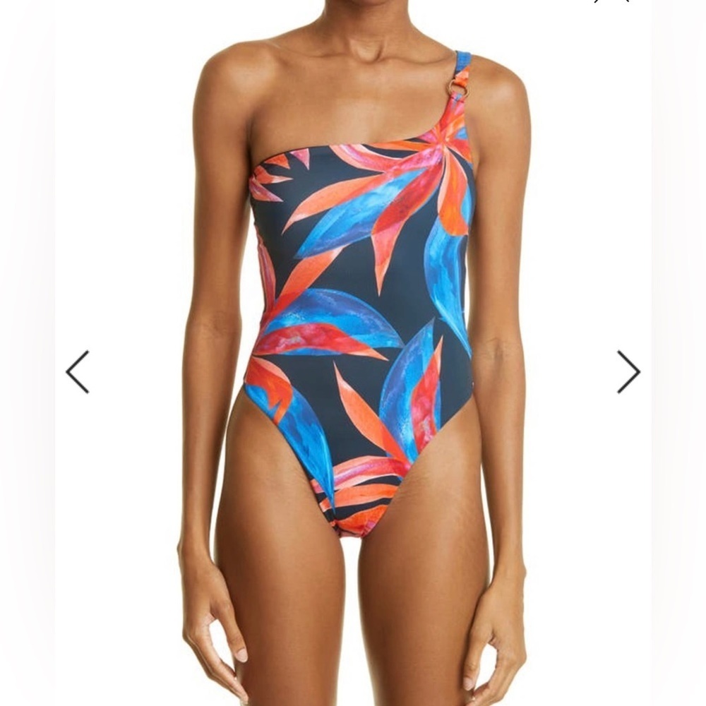 Louisa Ballou One-Shoulder Tropical Leaf Print Swimsuit in Navy, Blue, Red